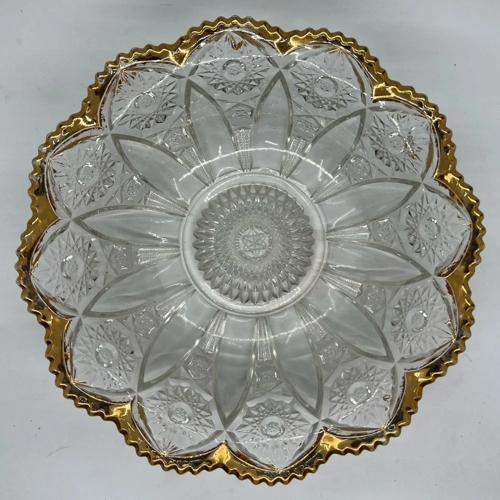 Vintage Glass Bowl EAPG American Brilliant Clear Gold Rim 9” Stars Sawtooth Rim